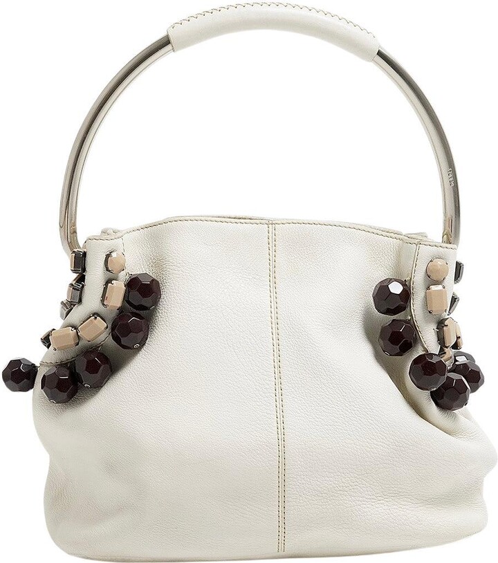 Miuccia Prada S/s 2003 Prada Off-white Beaded Leather & Silver Metal Top Handle Hobo Bag