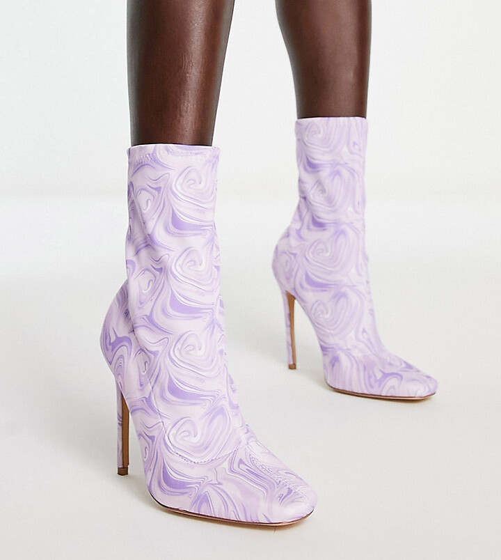 Public Desire Wide Fit Lars high heeled sock boots in purple swirl