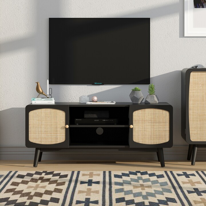JASIWAY Modern TV Stand with Rattan Door, Black ShopStyle