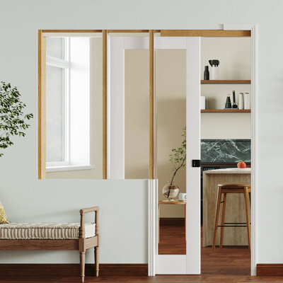 DOOOLI Sliding Pocket Interior Door - 1 Lite Mirrored Design With Upgraded Soft Pocket Door Hardware And Black Lock Need Installation