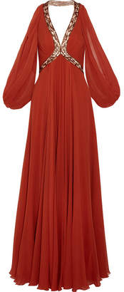 Jenny Packham Cold-shoulder Embellished Silk-chiffon Gown - Brick