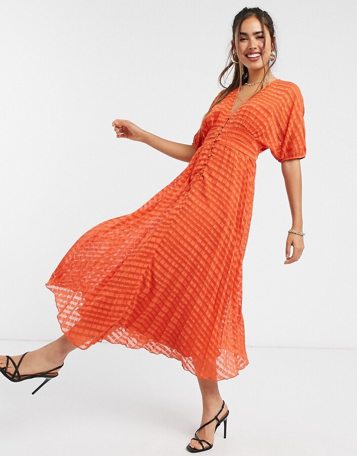 red button through midi dress