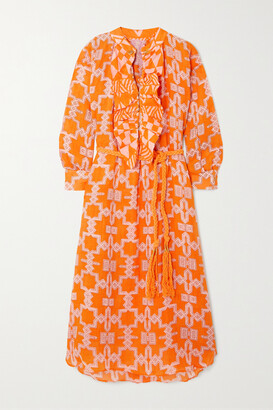 Yvonne S Belted Ruffled Printed Linen Midi Dress - Orange