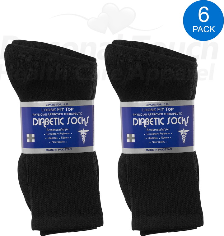 PERSONAL TOUCH HEALTH CARE APPAREL Diabetic Socks Men’s & Women Crew Style Physicians Approved Socks, 6 Pairs, Size 9-11 (Black)
