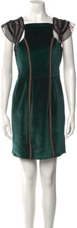 Self-Portrait Velvet Sheath Dress Green Lace, Pleated & Cutout Accents Short Sleeve with Square Neckline Exposed Zip Closure at Back Designer