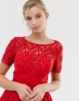 Chi Chi London premium lace prom dress with cutwork hem in red