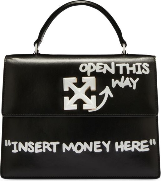 Off-White Jitney 1.4 Quote Leather Top-Handle Bag, Black/White, Women's, Handbags & Purses Top Handle Bags