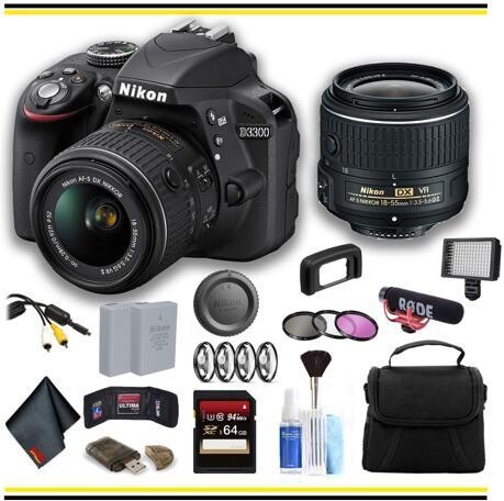 Nikon International Nikon D3300 DSLR Camera with 18-55mm Lens dvanced Bundle W/ Bag, Extra Battery, LED Light, Mic, Filters and More