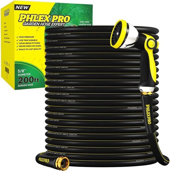 PHLEX PRO 200FTGardenHosewith10-PatternSprayNozzleHeavyDutyFlexibleWaterHosewithBrassFittingsforLawnPatioYard