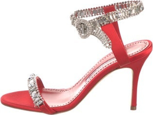 Manolo Blahnik Satin Sandals Pink Crystal Embellishments Buckle Closure at Ankles Includes Dust Bag