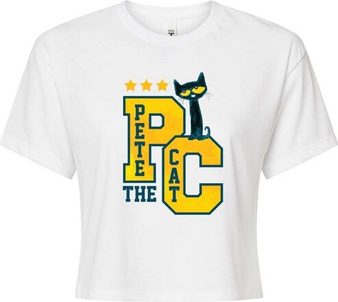 Pete The Cat Women'sPetetheCatCollegiateCroppedGraphicT-Shirt-White-X-Large