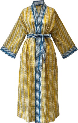 Lime Tree Design - Ochre And Blue Fish Cotton Full Length Kimono
