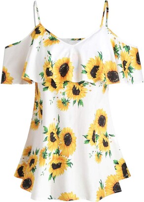 Tuduz Blouse Blouses Women TUDUZ Ladies Summer Plus Size Elegant Sunflower Printed Camis Ruffles Short Sleeve Cold Shoulder T-Shirt (White 3XL)