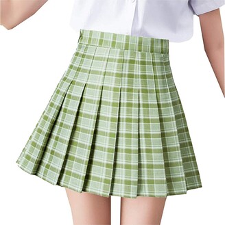WAo Womens Checked Pleated Skirt Plaid High Waisted Skirt A-line Elastic  Casual Short Skirts Skater Skirt for Summer Green - ShopStyle