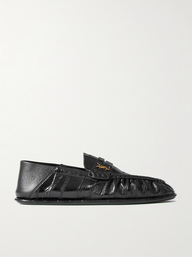 Saint Laurent Le Loafer Embellished Collapsible-heel Glossed-eel Loafers - Black