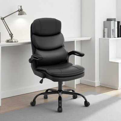 Ebern Designs Kundra Office Chair Pu Leather Executive Desk Chair Adjustable Height & Flip-up Armrests Swivel Rolling Wheels For Office