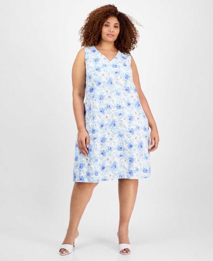 Jones New York Plus Size Printed V-Neck Midi Dress