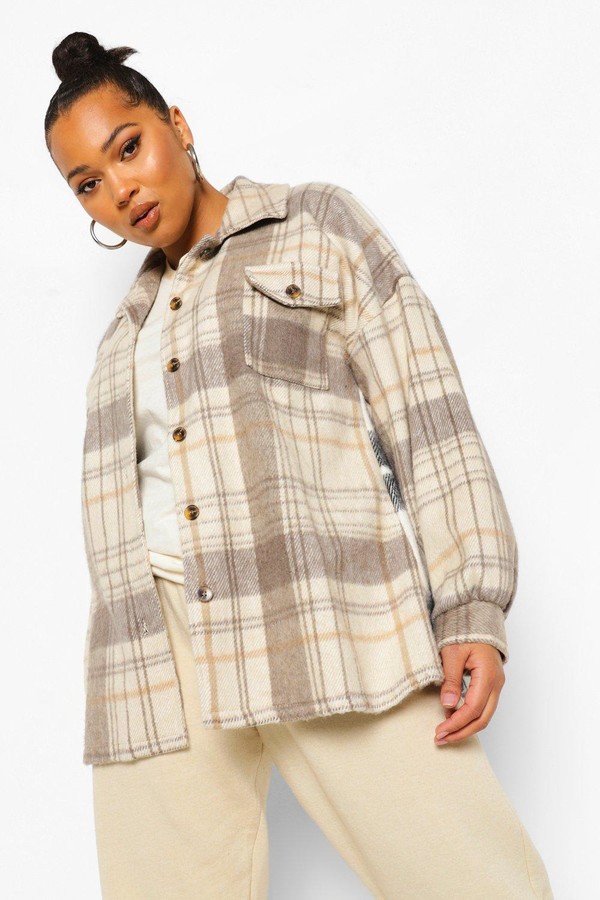 boohoo Plus Contrast flannel Oversized Shacket - ShopStyle Jackets