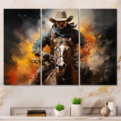 Western Rodeo Spirit Pointillism Art On Canvas 3 Pieces Print