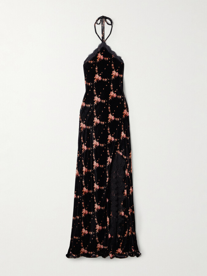 Cara Cara June Lace-trimmed Floral-print Velvet Halterneck Maxi Dress - Black