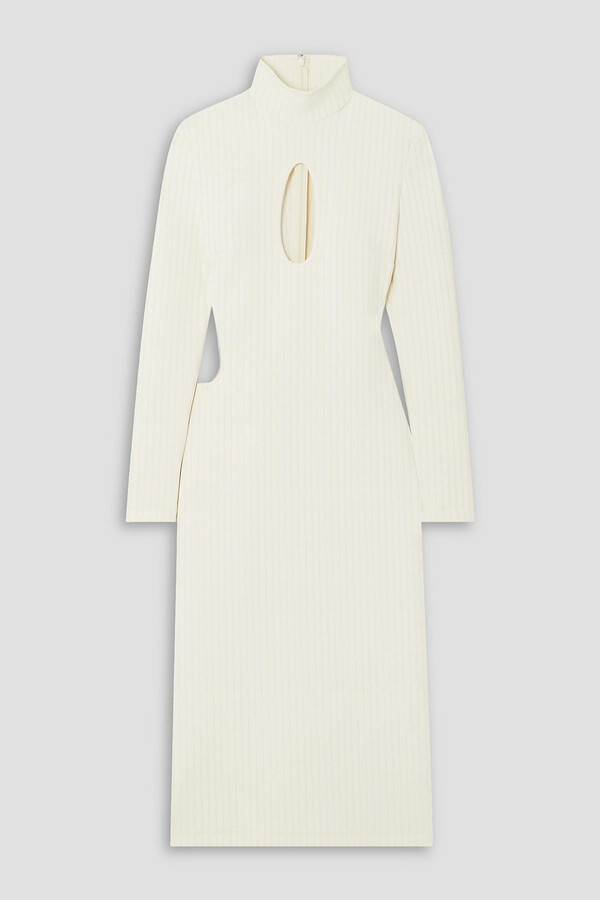 Halpern Cutout ribbed stretch-knit midi turtleneck dress