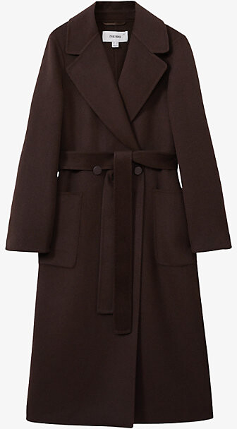 Reiss Womens Chocolate Lucia Double-Breasted Regular-Fit Wool-Blend Coat 6