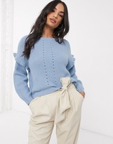 Thumbnail for your product : Vila stitch detail jumper with ruffle detail in blue