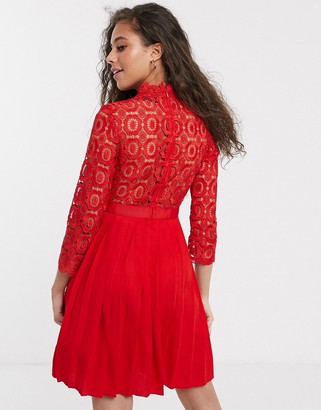 Little Mistress Petite mini length 3/4 sleeve lace dress in tomato red