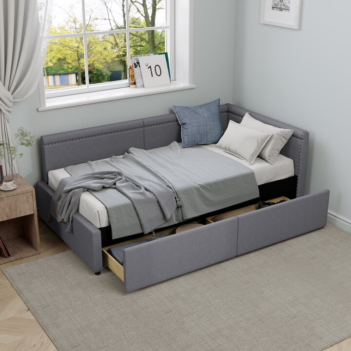 Euroco Upholstered Twin Size Daybed with Drawers, Gray