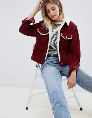 ASOS Design DESIGN cord jacket with borg collar in berry