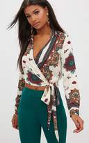 Thumbnail for your product : PrettyLittleThing White Satin Paisley Print Wrap Front Tie Side Blouse