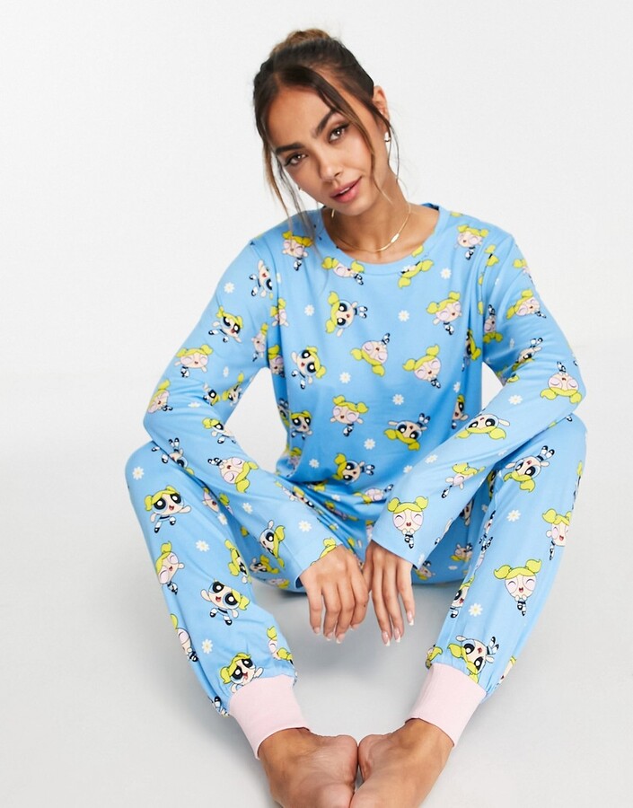 Urban Threads Powerpuff Girls Bubbles long pyjama set in blue ShopStyle