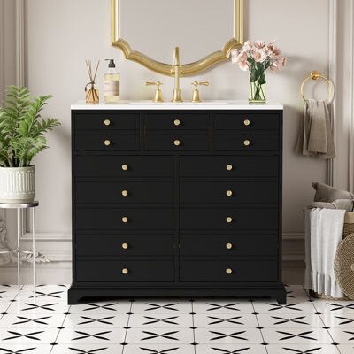 Winston Porter Bathroom Vanity Set with Ceramic Sink Solid Wood Frame 2 Drawers Soft-Close Doors