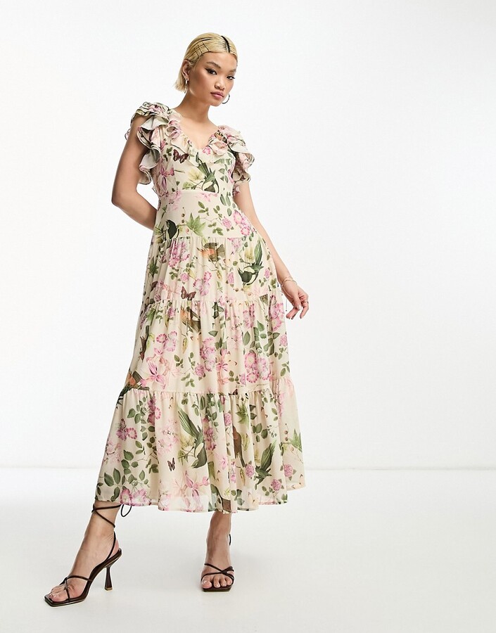 And other stories & maxi dress with ruffle shoulder detail in floral ...