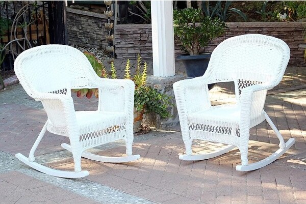 HomeStockModernMotifsPatioChairSetOf2OutdoorRockingChairsInWhiteResinWickerSteelFrameForDurabilityStackableForStorage