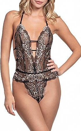 Jonquil Two-Tone Floral Lace Halter Neck Plunging V-Neck Teddy