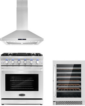Cosmo 3 Piece Kitchen Package with 30" Freestanding Gas Range 30" Island Range Hood & 48 Bottle Freestanding Wine Refrigerator