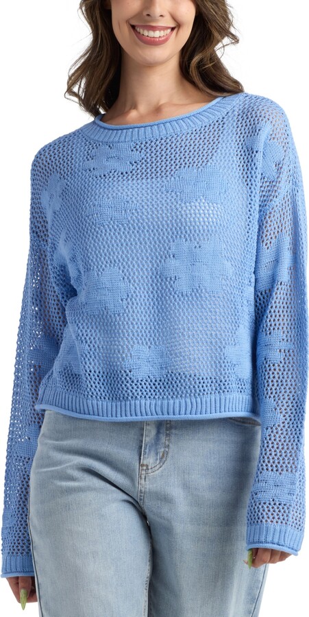 BCX Women's Resort Daisy Cropped Crew Neck Sweater