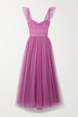 Monique Lhuillier Ruffled Gathered Glittered Tulle Gown - Purple