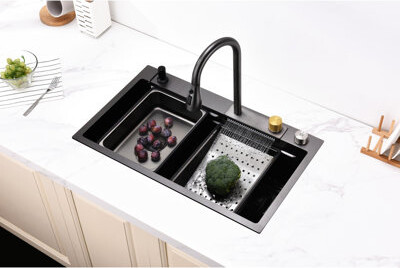 Wovilo 304 Stainless Steel Kitchen Basin - Single Slot Sink With Stone Guard Coating Gray Vegetable Washing Flying Rain Waterfall Cut