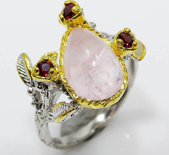 Etsy Handmade Morganite & Rhodolite Garnet Ring - Sterling Silver 14K Gold
