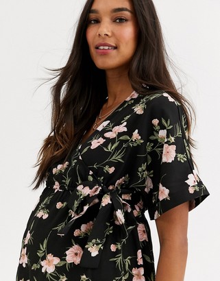 New Look Maternity wrap front midi dress in black floral