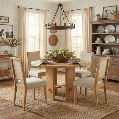 George Oliver 5 - Piece Round Dining Table Set with Upholstered Wood Chairs, Minimalist Cox Style