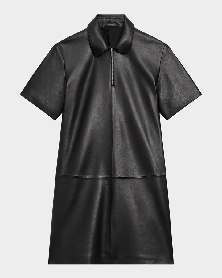 Theory Short-Sleeve Half-Zip Nappa Leather Mini Dress