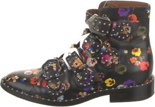 Givenchy Leather Ankle Lace-Up Boots Black Floral Print Round-Toes with Studded Accents Multistrap Designer