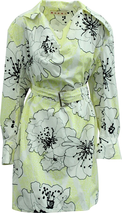 Marni Floral Belted Dress in Yellow Cotton