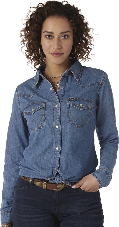 Wrangler Women's Western Long Sleeve Denim Snap Shirt ShopStyle Tops