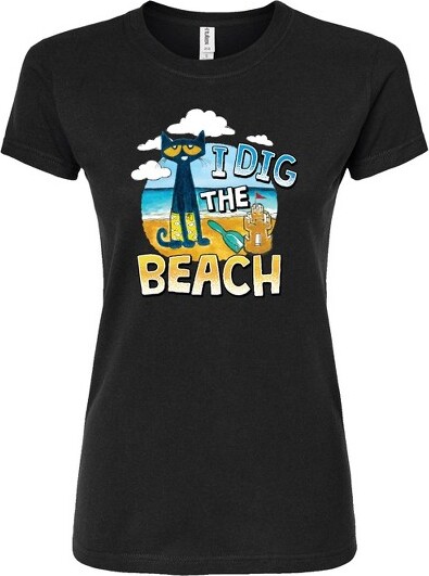 Pete The Cat Women'sPetetheCatIDigTheBeachFittedGraphicT-Shirt-Black-Large