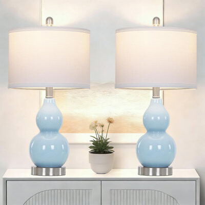 Jane Double Gourd Ceramic Table Lamps Set Of 2, Modern Bedside Lamps For Night Stand, Contemporary Nightstand Lamps For Bedroom Living Room (Bulb Included)