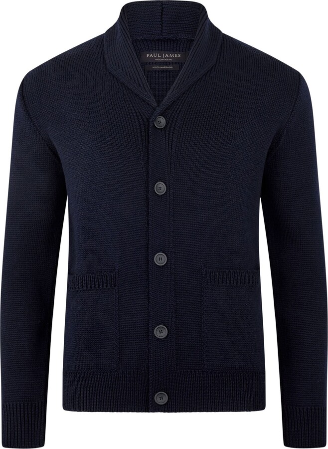 Paul James Knitwear Blue Mens Chunky Merino Wool Marello Shawl Collar Cardigan - Navy